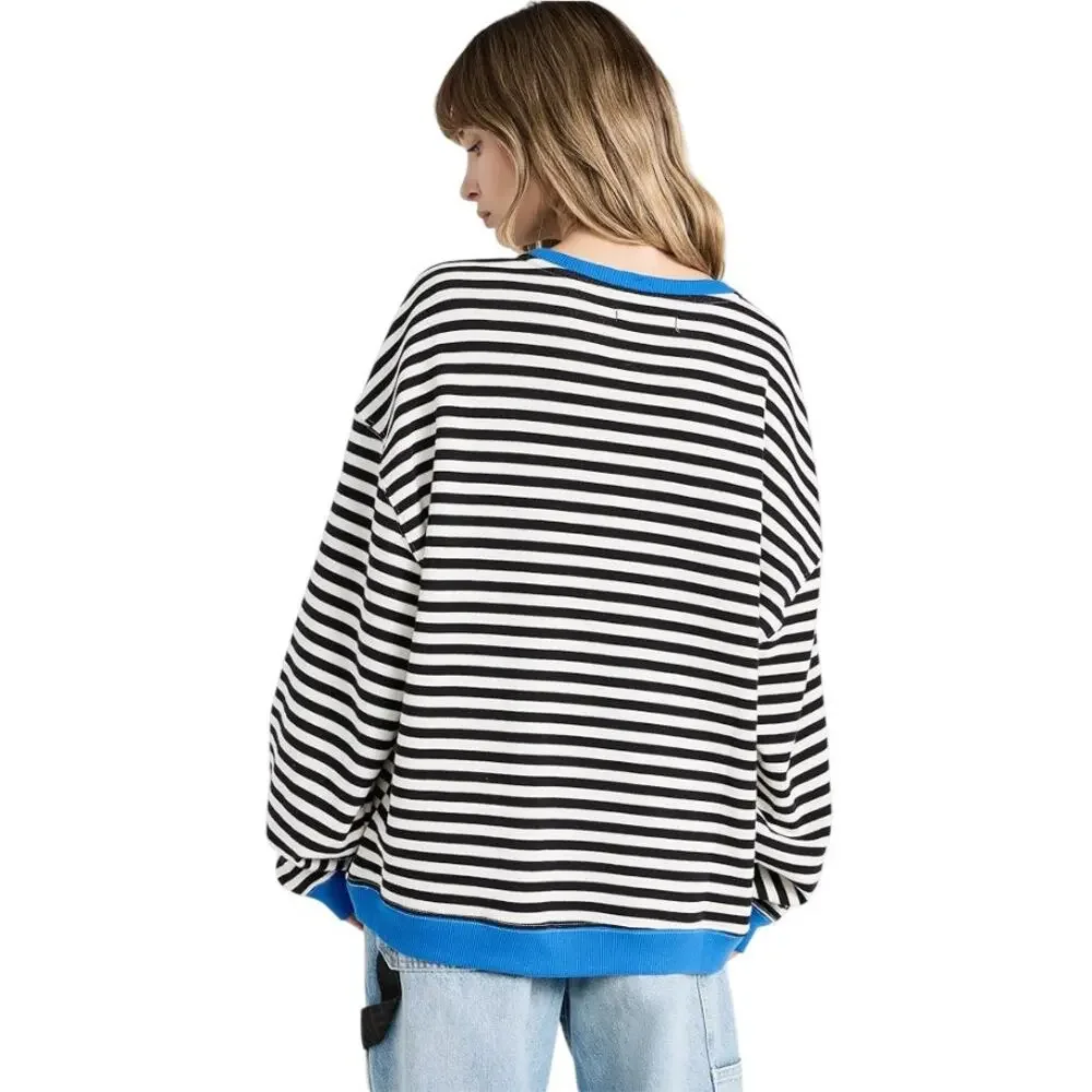 Free People We The Free Black Classic Striped Contrast Crew Sweatshirt